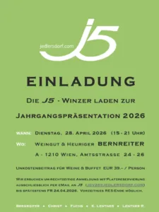 Jahrgangspräsentation der J5 Winzer im Weingut & Heuriger Bernbreiter am 28.4.2026.