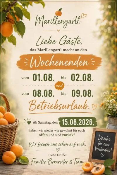 Marillengartl Betriebsurlaub 202608